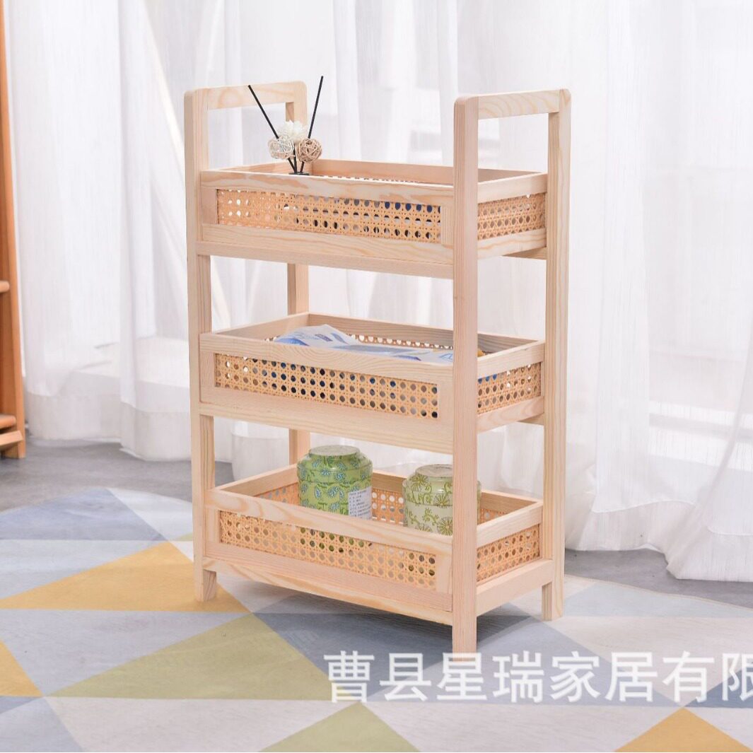 日式跨境实木置物架藤编收纳盒家居厨房杂物整理收纳置物架现货