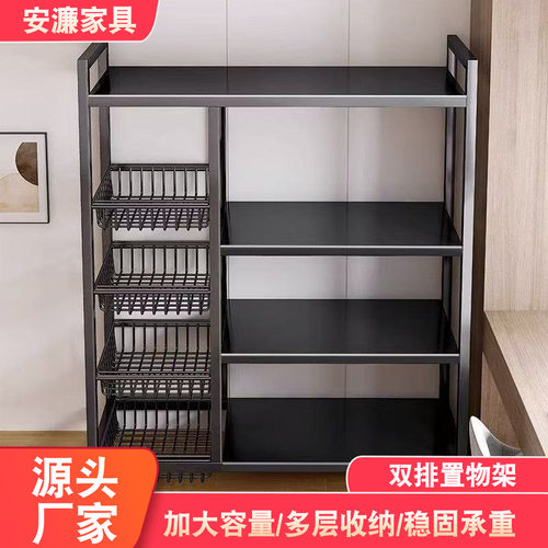 双排置物架家用厨房简约多层收纳架可移动多层落地蔬菜水果储物架