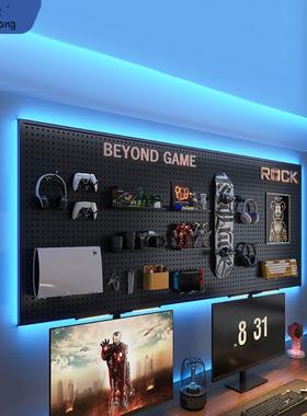 #W8电竞房洞洞板黑色墙上置物架书房电脑桌墙面挂板隔板收纳包邮