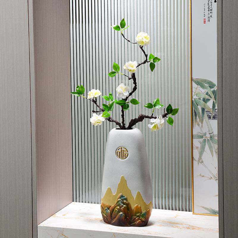 高档陶瓷花瓶摆件轻奢客厅餐桌干花插花器装饰玄关新中式假山摆设