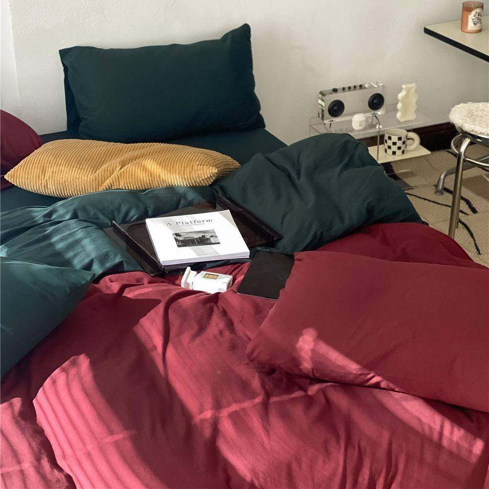 A类日式纯色棉针织双拼四件套JT素裸睡纯棉全色棉床床单床笠裸睡