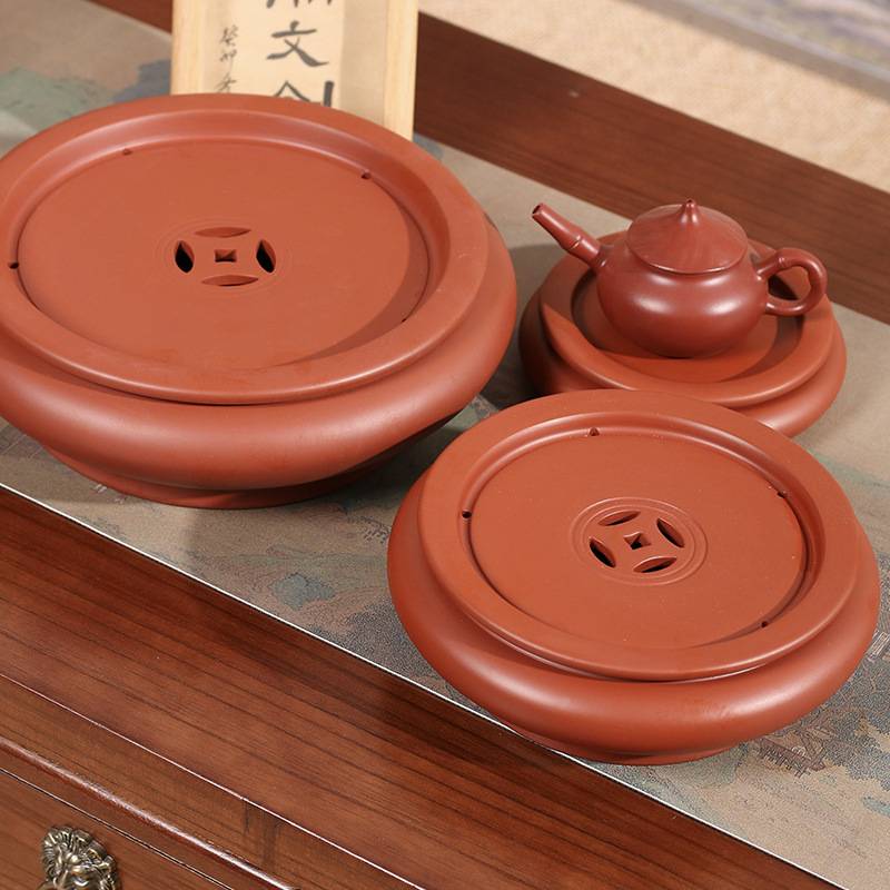 老安顺潮州工夫茶盘储水式红泥全手工圆形家用红茶船茶托茶具泡台