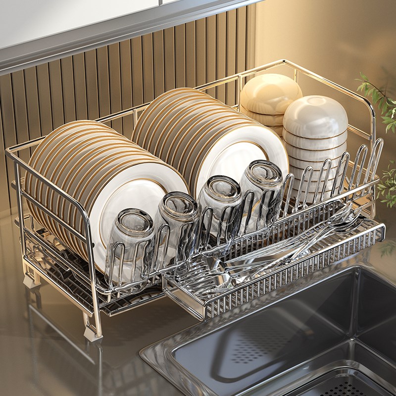 碗碟收纳架304不锈钢免安装厨房台面碗筷碗盘餐具置物.架沥水碗架