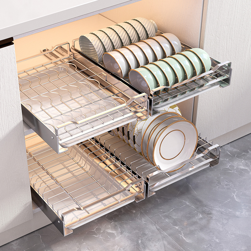 不锈钢厨房抽拉i碗碟收纳架橱柜内置物架抽屉式拉篮碗架沥水碗盘