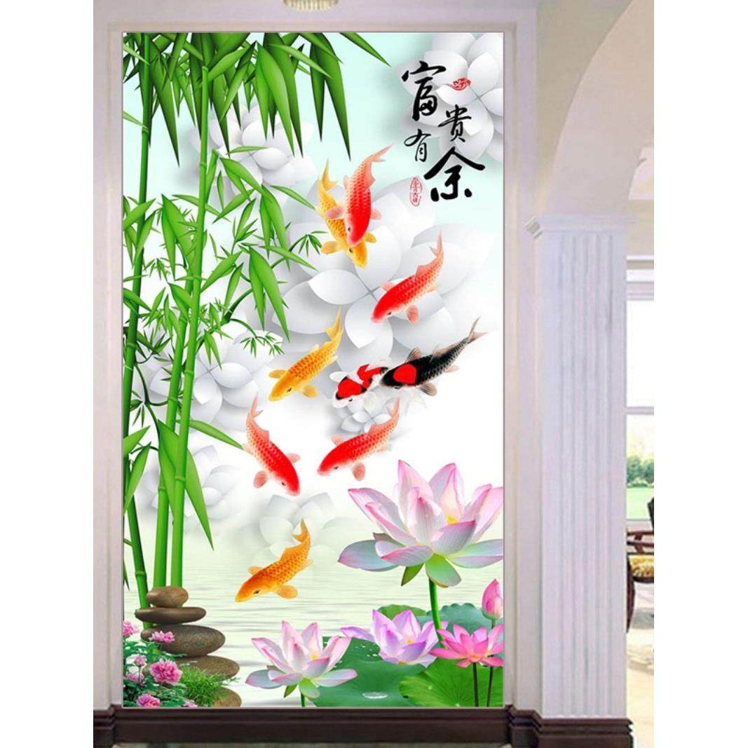 钻石画2023新款满钻九鱼图贴钻十字绣客厅竖版玄关竹子荷花钻石绣