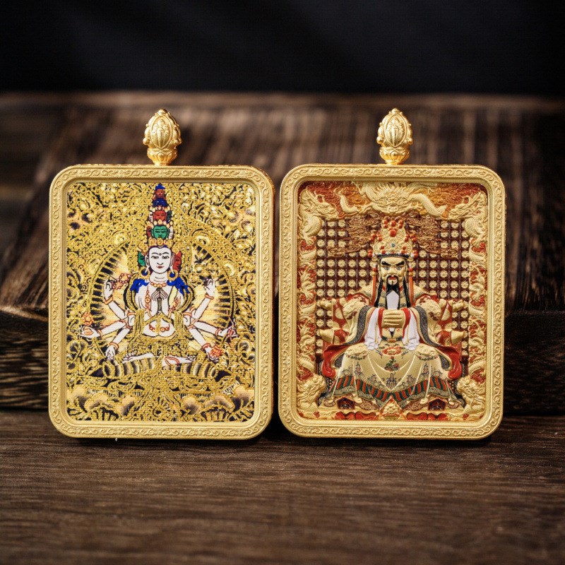 新款高档五爷唐卡十二生r肖守护神双面立体铜鎏金唐卡五路财神挂