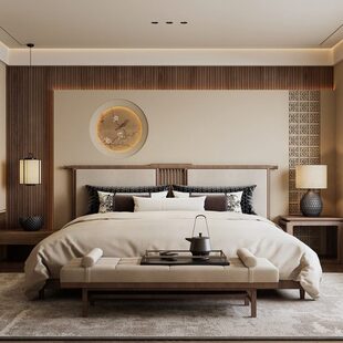 新中式实木主卧大床1.8m白蜡木双人床宋式美学床禅意民宿