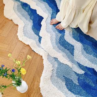 蓝色海浪卧室床边地毯加厚房间装饰布置出租屋网红沙发长条地垫