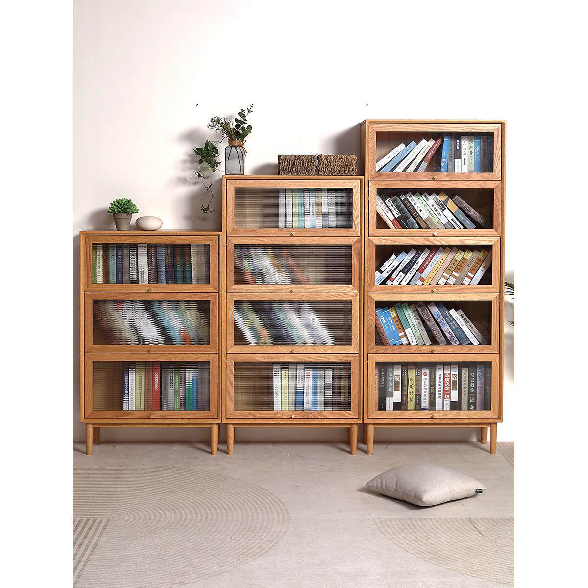 全实木书架简单书架橡木家庭多层翻转门餐具柜小公寓储物柜