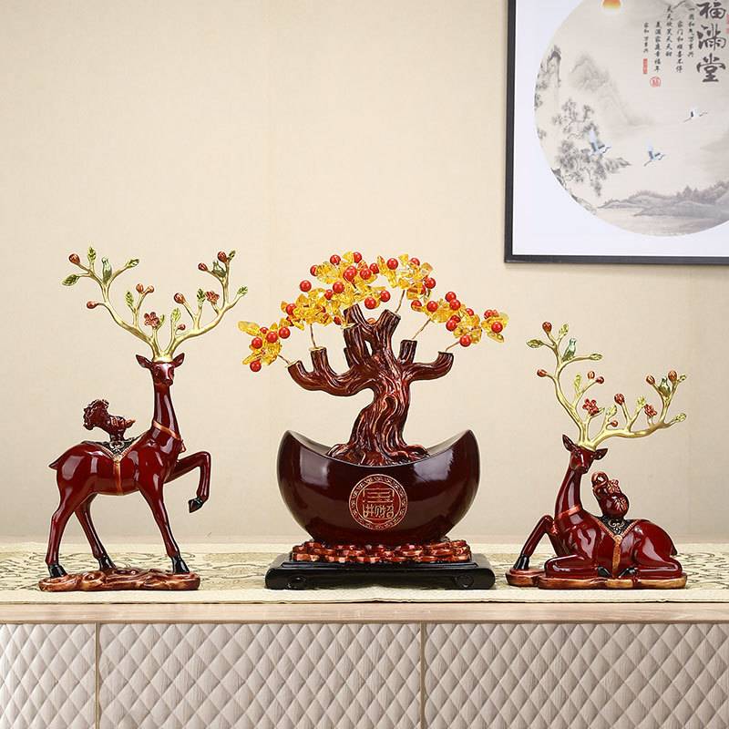 客厅玄关元宝发财树酒柜摆件吉祥如意鹿高档电视柜装饰品摆设招财