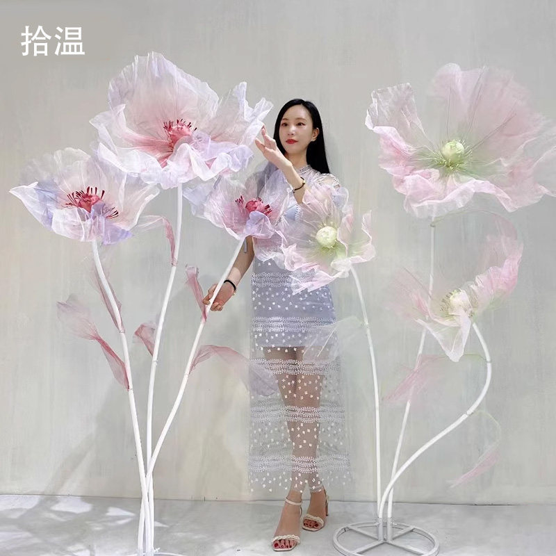 大型虞美人真丝花丝网花仿真花橱窗装饰摆件纱花场景布置婚礼假花图片