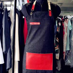 定 制真 皮大口袋水洗帆布围裙牛仔工作围裙织带定 制logo
