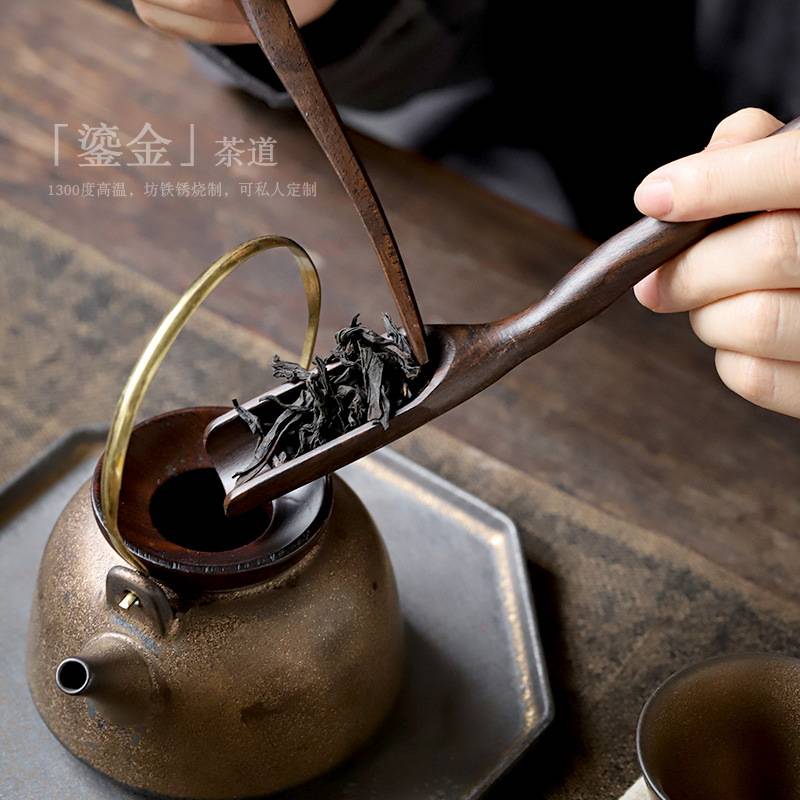 复古黑檀木纹茶道六君子家用茶夹茶勺茶针收纳桶全套泡茶工具配件