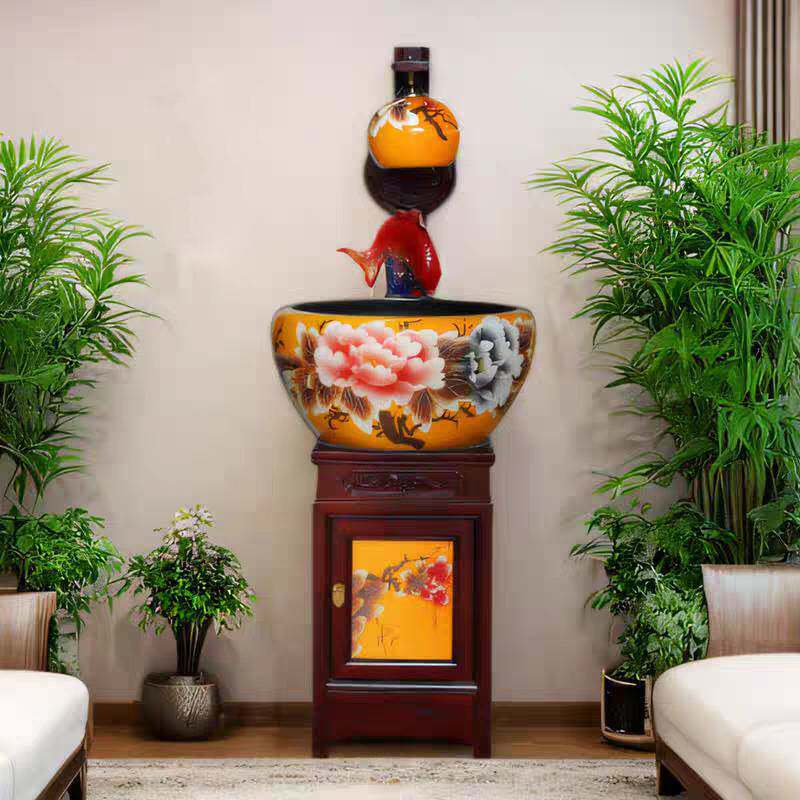 新款景德镇观赏陶瓷鱼缸循环流水摆件柜式带灯造景加湿器落地鱼盆