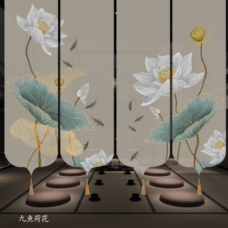 ?新中式卷帘山水画门帘电动窗帘宋式美学禅意复古遮光软屏风隔断