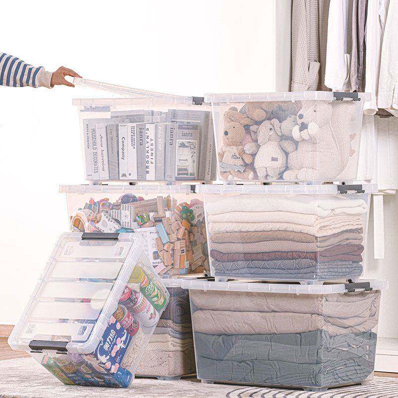 茶花收纳箱大容量透明超厚玩具箱带滚轮子把手透气家用车用储物箱