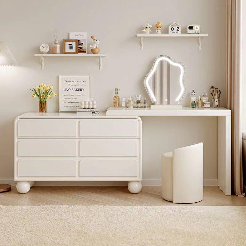 奶油风实木台梳妆台JSL斗柜一卧体室代简约化妆床尾伸缩转角现化