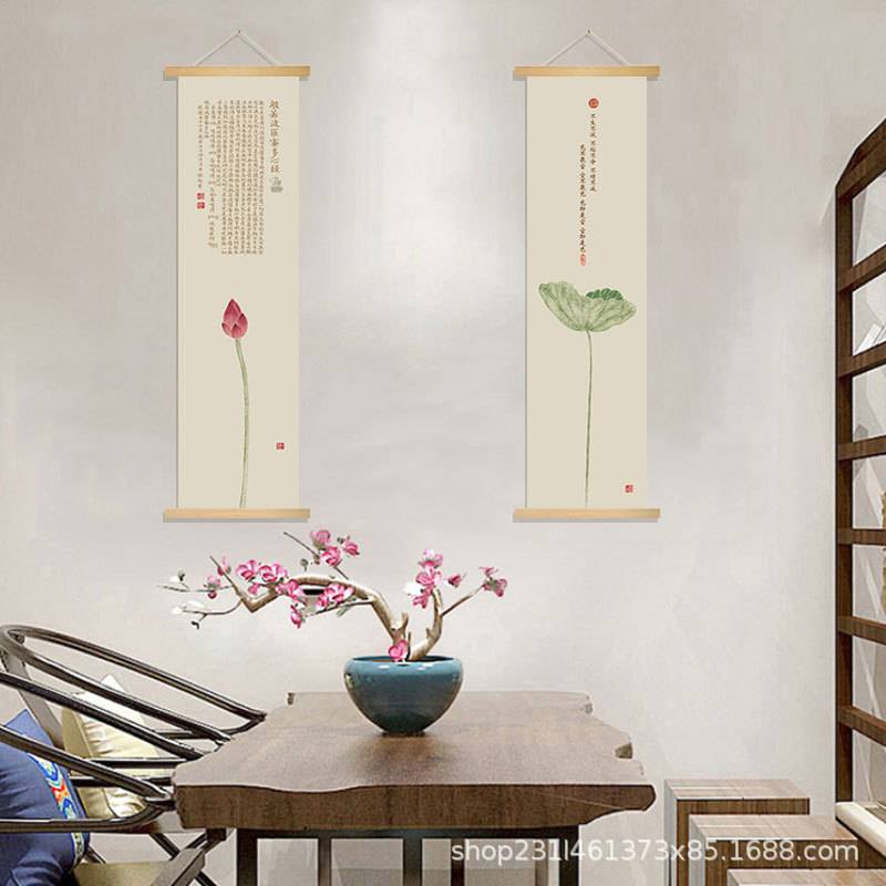 新中式荷花装饰画禅意植物客厅壁画莲花心经茶室书房油画布挂画图片
