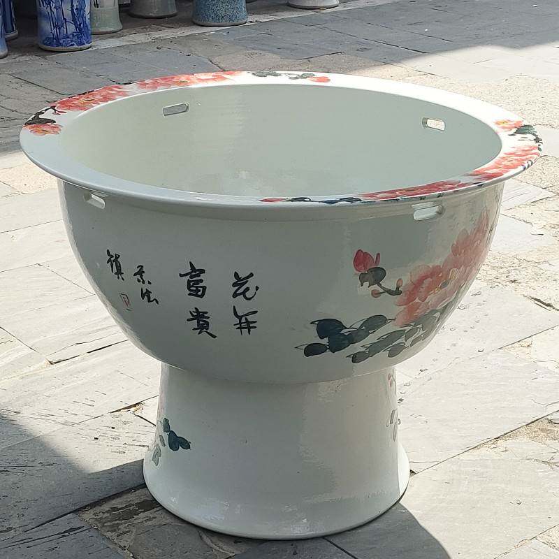 景德镇陶瓷手绘釉下彩牡丹花开富贵陶瓷立柱式养鱼缸假山造景鱼盆