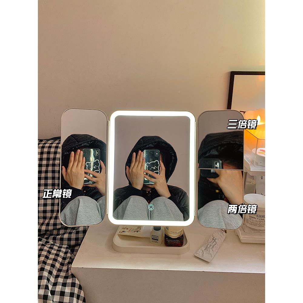 S贝壳双门led化妆带灯收镜纳561盒一面体开台式桌折叠可调节镜子