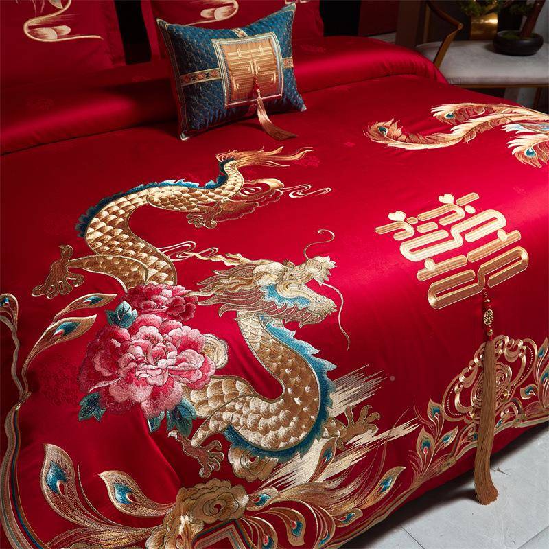 棉高端40S大红中式凤刺绣婚庆多件套全棉贡缎提1花HFT双龙股长绒