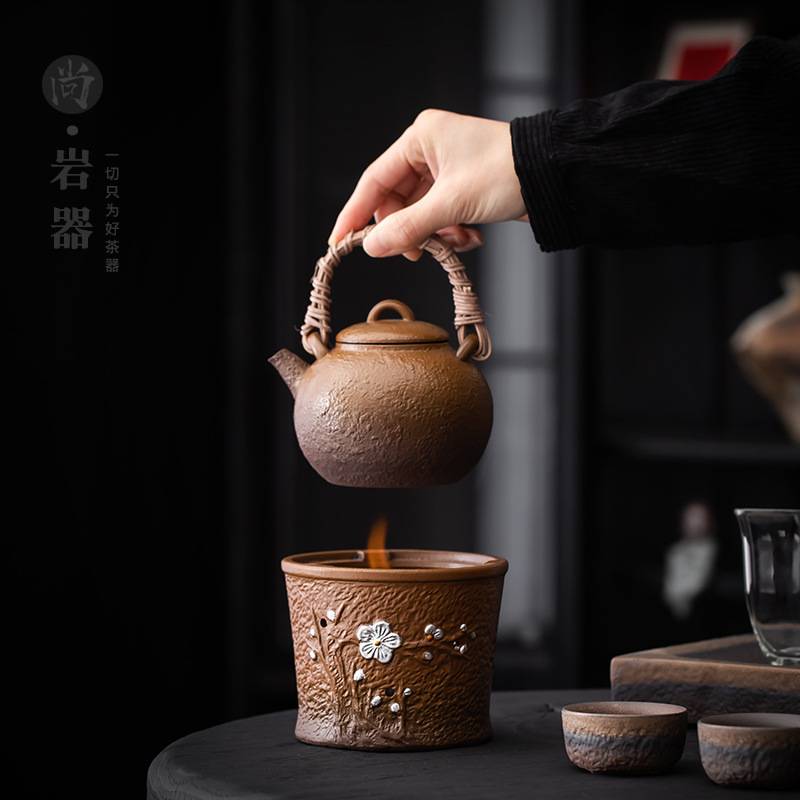 酒精炉煮茶壶套装家用煮茶器粗陶提梁壶蜡烛加热底座酒精灯烧水壶