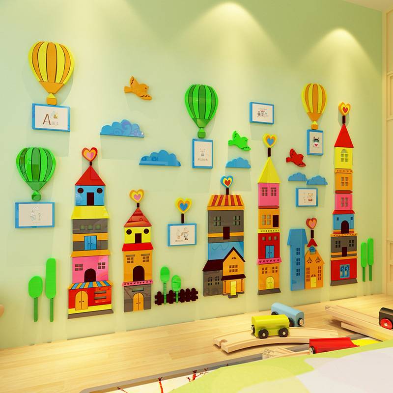 幼儿园楼梯走廊装饰墙面贴画亚克力卡通城市墙贴3d立体儿童房贴纸图片
