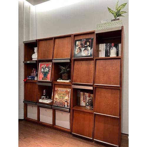 fj芙收锦现1简约代实木书柜客厅沙®发边柜纳柜组合柜一体格子柜卧