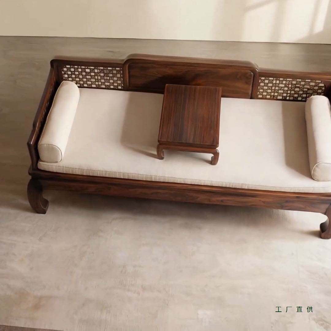 新中式罗汉床布艺三人沙发北美黑胡桃木实木沙发组合宋氏美学客厅