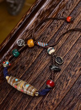 藏区牦牛骨老银镶嵌多宝天珠手工编织手绳可调节藏式文玩复古手链