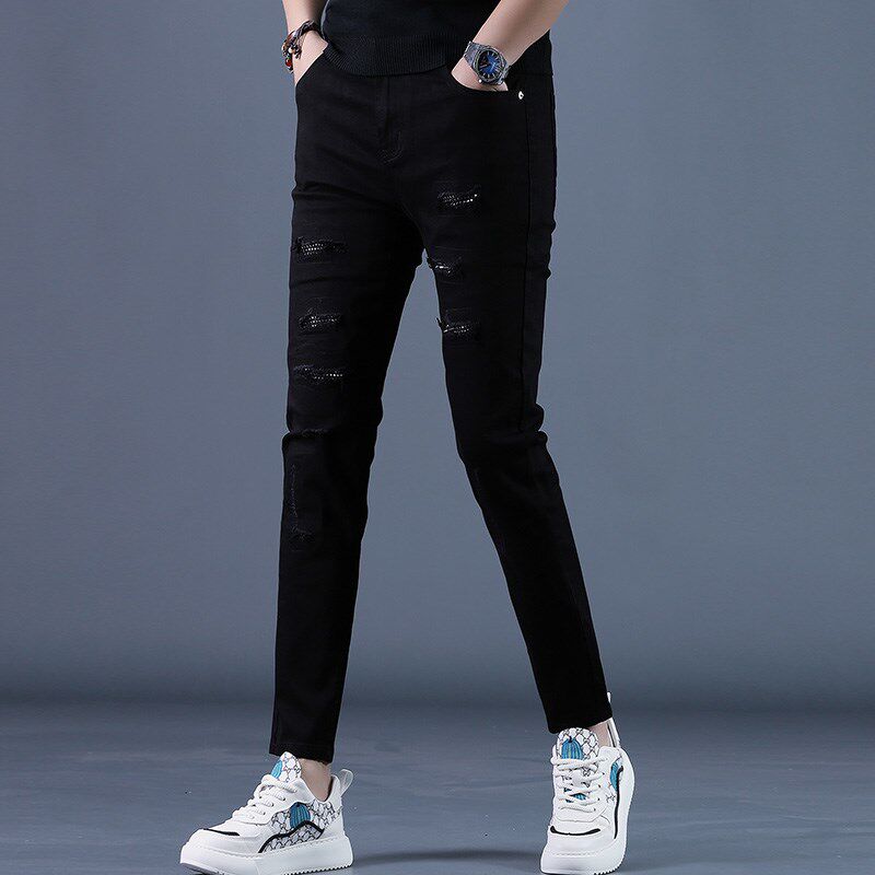 2025新款春夏季黑色破洞烫钻九分牛仔裤男修身小脚休闲男士9分裤