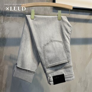 流行浅灰色怀旧休闲小脚长裤 LUUD 男韩版 做白复古牛仔裤 潮味个性