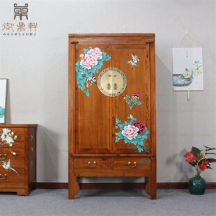 新中式彩绘田f园香樟实木大衣柜 2门花梨胡桃色橱柜小户型整体家