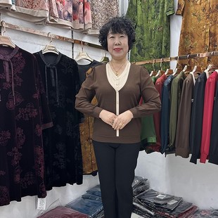 中年妈妈早春打底衫2024新款洋气假两件套40岁50长袖雪纺袖小衫薄