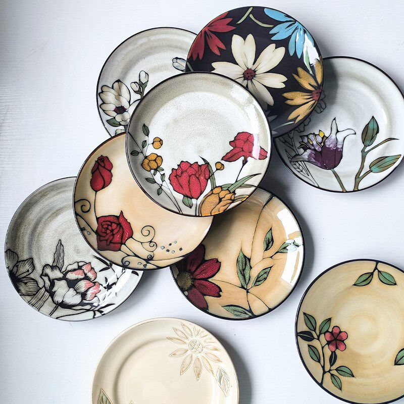 中国风浮雕精致家用餐具套装日式复古盘子创意碟子盘陶瓷碗盘微瑕