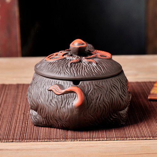 创意中式个性紫砂带盖烟灰缸陶瓷摆件茶玩茶宠客厅家用烟碟守财牛