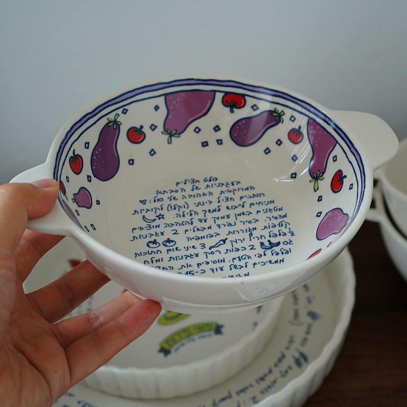 少量现货 出口中东以色列艺术插画风格陶瓷美食餐盘 双耳深碗菜盘