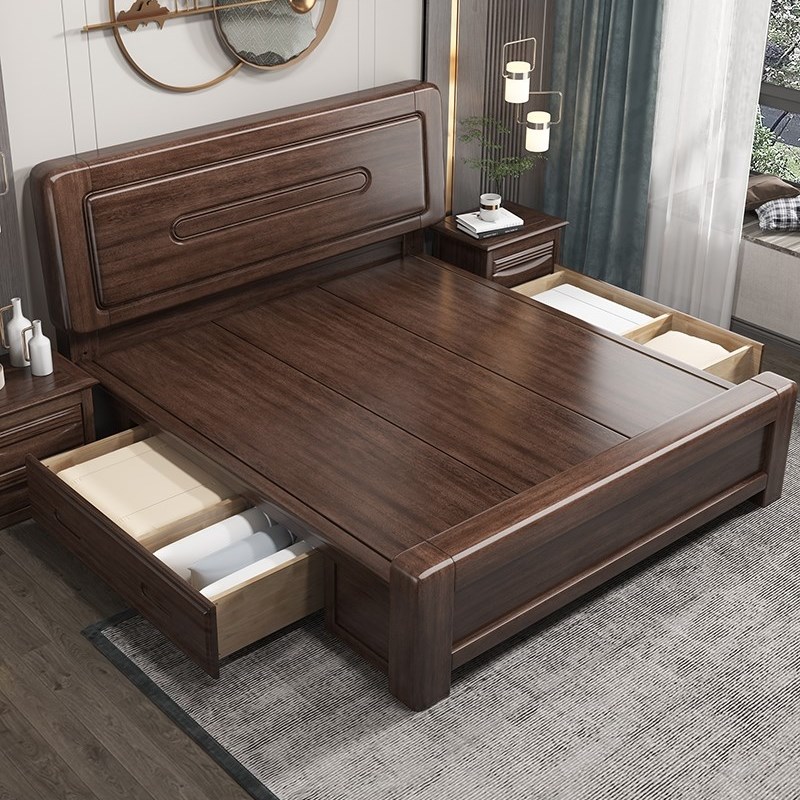 胡桃木现代中式双人床2.0米x2.2米主卧1.8米简约储物加厚实木大床