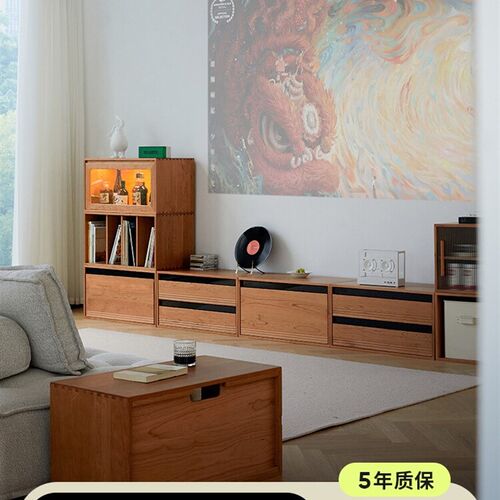 日式实木边柜小户型家用收纳储存柜一体客厅茶几樱桃木组合电视柜