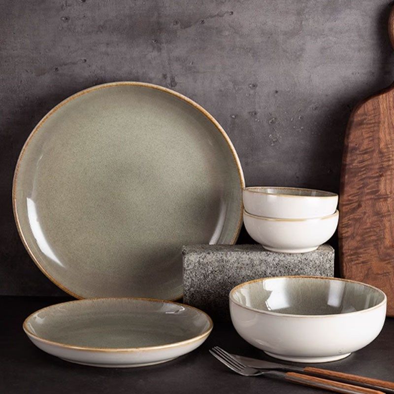 北欧简约个性窑变盘子菜盘家用创意餐盘纯色高级感陶瓷餐具微瑕疵
