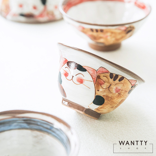 现货 日本制有田烧波佐见烧 手绘彩招财猫陶瓷碗饭碗汤碗面碗对碗