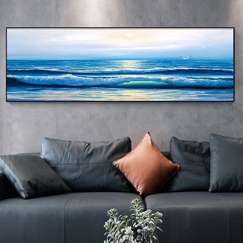 蓝色风景大海浪花客厅沙发背景墙挂画横版装饰画卧室书房挂画水晶
