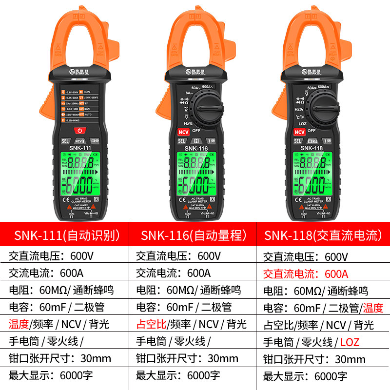SNK-111数字万用钳形表高精度电工智能防烧自动识别交直流电流表图片