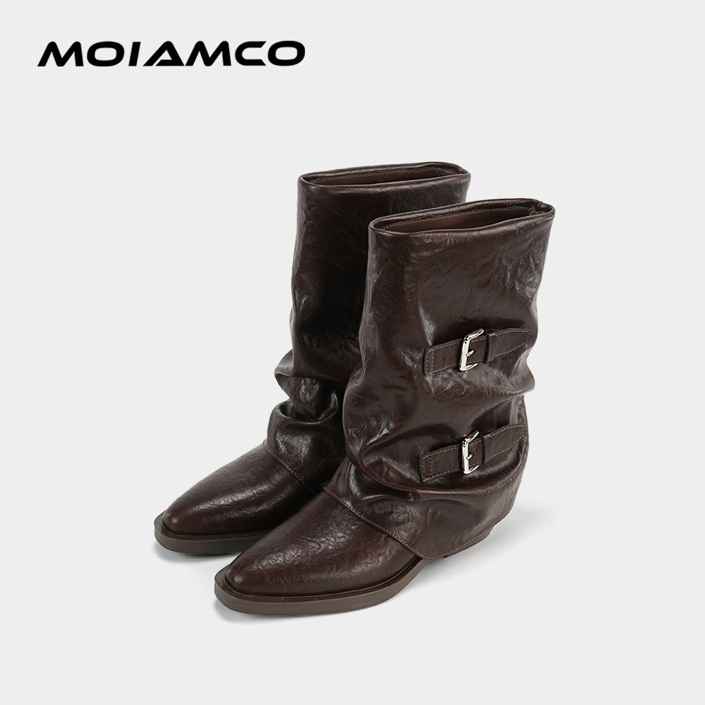 【昕怡粉丝专属】Molamco褶皱牛皮堆堆靴皮带扣英伦风尖头中靴女