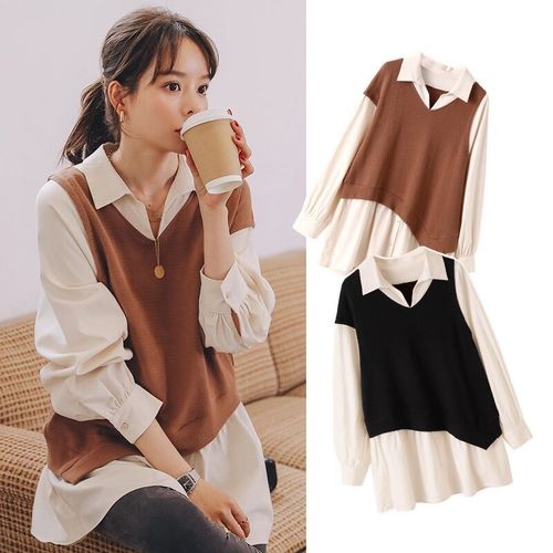 孕妇春装套装外出洋气韩版假两件孕妇衬衣春秋宽松遮肚娃娃衫上衣