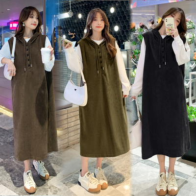 大尺码孕妇装秋冬韩版长袖打底连帽洋装时尚减龄两件套可是200斤