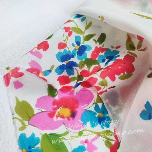 夏季真丝丝棉印花布料亲肤柔软12姆米微透原白底印花衬衫连衣裙面