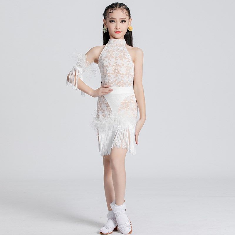 儿童拉丁舞服女童少儿比赛流苏分体白色套装训练舞裙新款网红高级