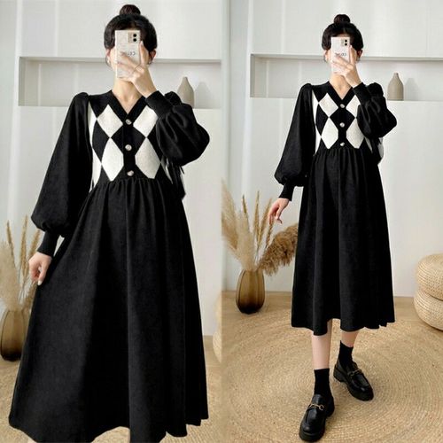 网红孕妇装春季新款拼接毛衣裙子韩版大码宽松中长款连衣裙春秋装