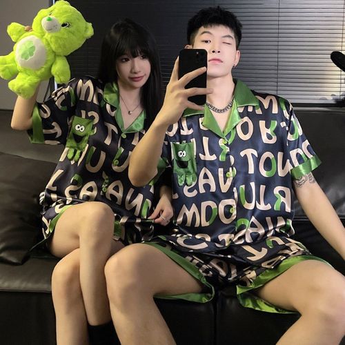 情侣睡衣女夏季冰丝短袖可外穿2024年新款夏天薄款男士家居服套装